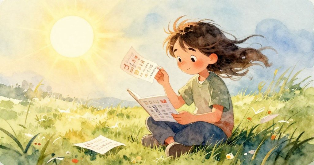 米洛專注閱讀，眼中閃爍驚奇光芒，書頁上亮麗字母映出細膩情感，溫柔光線襯托著好奇心。