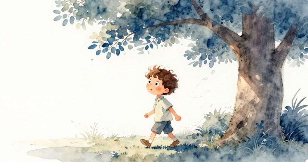 米洛背影走在大樹下，輕風吹拂頭髮，手持書本，光線由明轉暗，透出平靜與期待情懷。