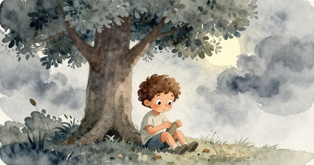 米洛於大樹下避風，天色轉暗再度翻書，隱蔽角落中呈現寧靜與神秘光影交錯之美。