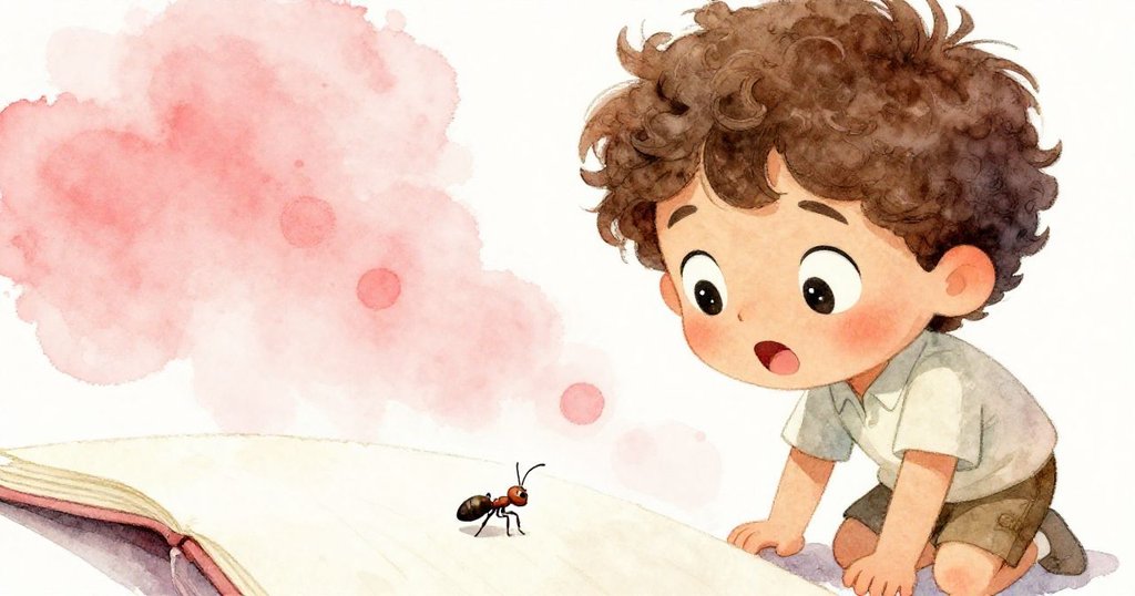 米洛近距細看書上緩行小螞蟻，臉上流露專注好奇神情，捕捉微觀世界中細膩奧秘。