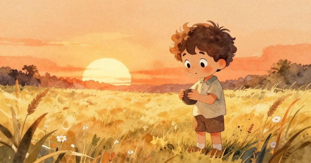 米洛在夕陽餘暉中緩緩合上書，寧靜田野與暖光交織，象徵一天冒險靜謐收尾，內心滿足安寧。