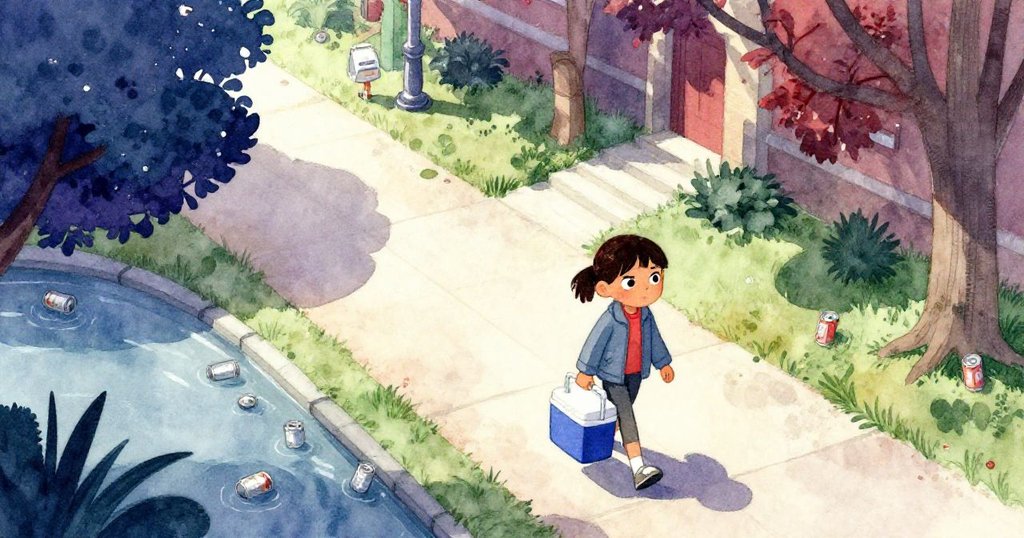 萊娜在明亮的清晨沿著校園小徑行走，背著藍色冷藏箱，穿越樹蔭與池塘，臉上充滿決心與希望。