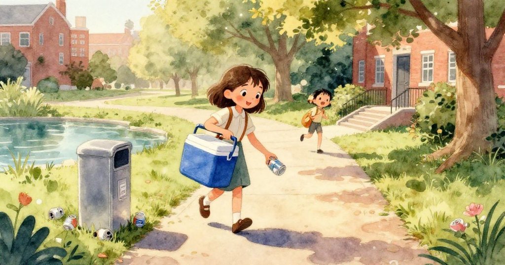 萊娜專注地將空罐放入閃亮的收集箱裡，濕漉漉的紙張卡在狹縫中，細膩展現屋外金屬與紙質紋理。