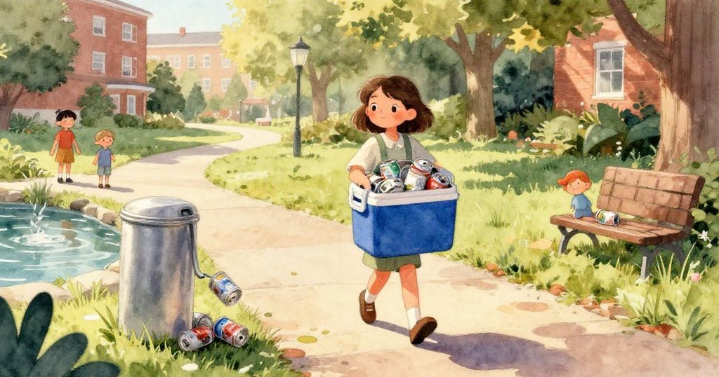 空罐在雨水與磚塊間滾動，驚嚇的松鼠連同倒影在水面清晰呈現，展現動態與校園小徑細節。