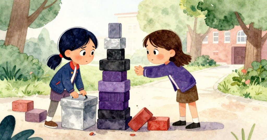 萊娜仔細地堆砌磚塊調整收集箱，告別混亂，展露出從壓力到希望轉變的堅定神情，背景隱約顯現校園景致。