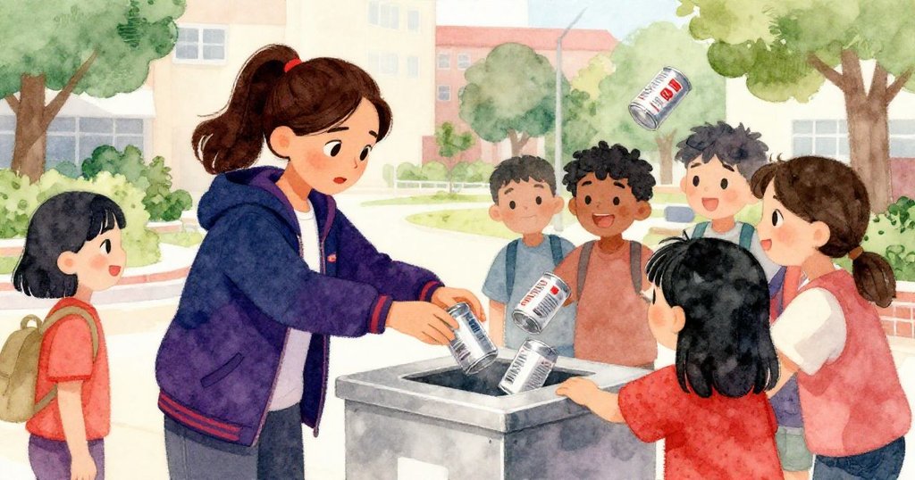 萊娜與多位學生齊心協力將搖晃的空罐導入收集箱，彼此互動笑容滿面，呈現出校園中和諧且充滿活力的合作氛圍。