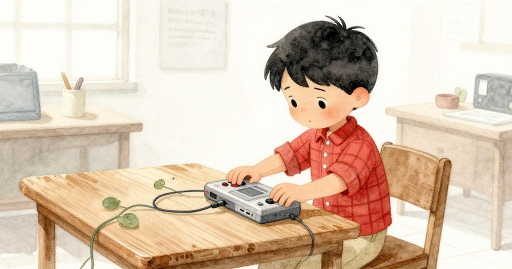 Lucas小心放置老舊主機於充滿蜿蜒電纜與古樸桌面的工作室，環境溫暖寧靜，展現故事平靜的起始。