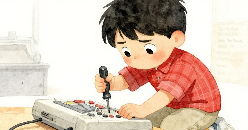 Lucas專注地用螺絲刀操作老舊主機，臉上流露決心與熱忱，工作室背景隱約見工具與電纜，情緒充滿期待。