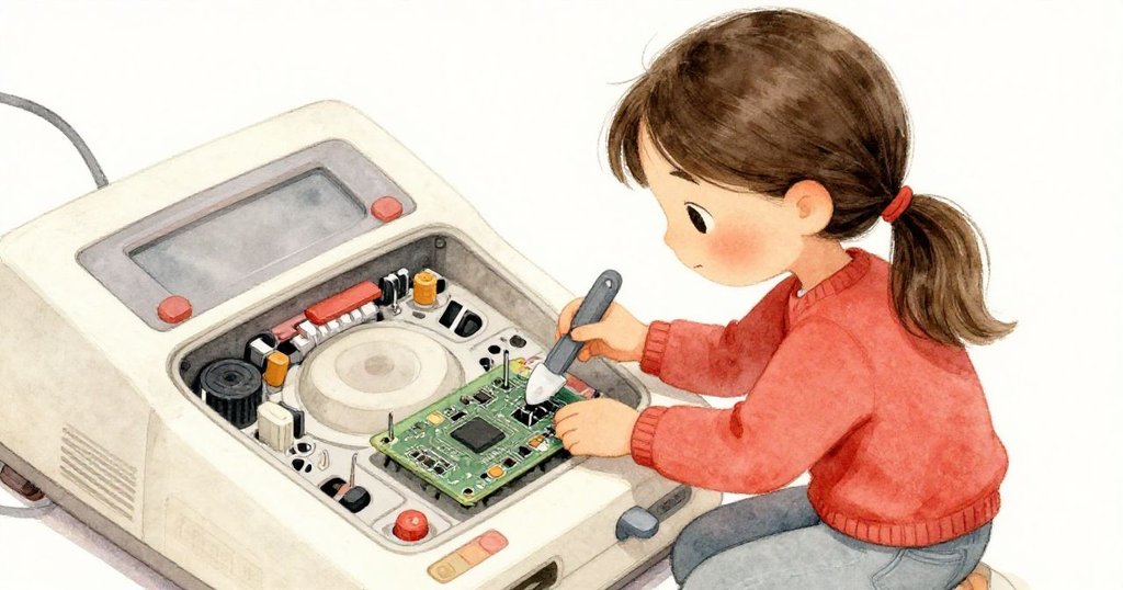 Mira小心用塑膠挑棒調整彎曲金屬針，揭開主機內部的狹窄記憶槽，表情傳遞期待與細心，情節接近高潮。