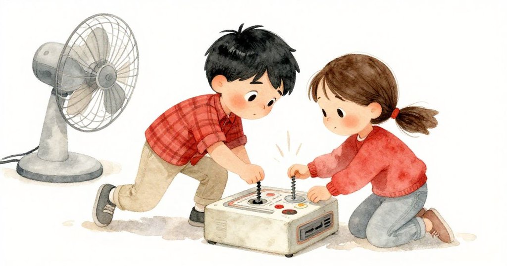 Lucas與Mira協力轉動頑固螺絲，雙雙全神貫注合作，工具與汗水交織，動作鮮活顯示故事達到高潮。