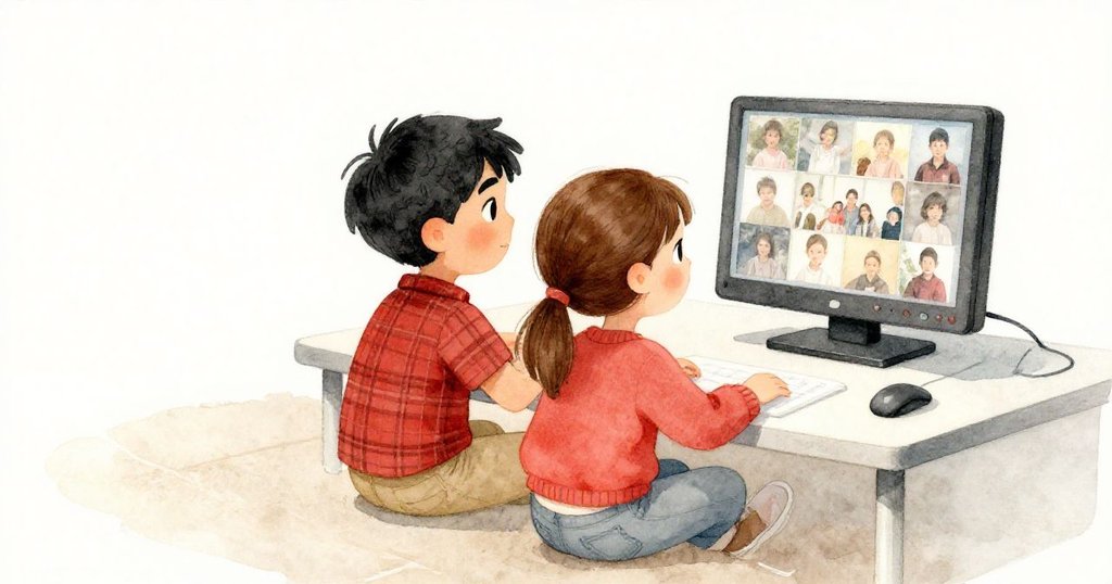 Lucas與Mira靠在工作桌旁，面帶微笑觀看主機螢幕上溫柔家庭照片拼貼，場景溫馨平靜，敘事完滿落幕。