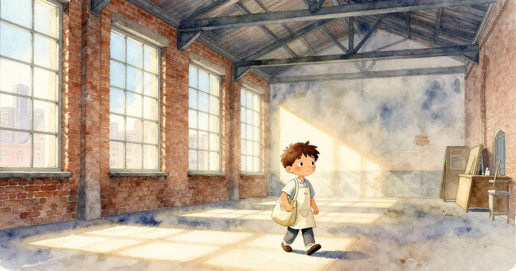 Leo手提帆布包走入舊磚廠，光斑斑駁映照空曠工廠，神情充滿期待與好奇。