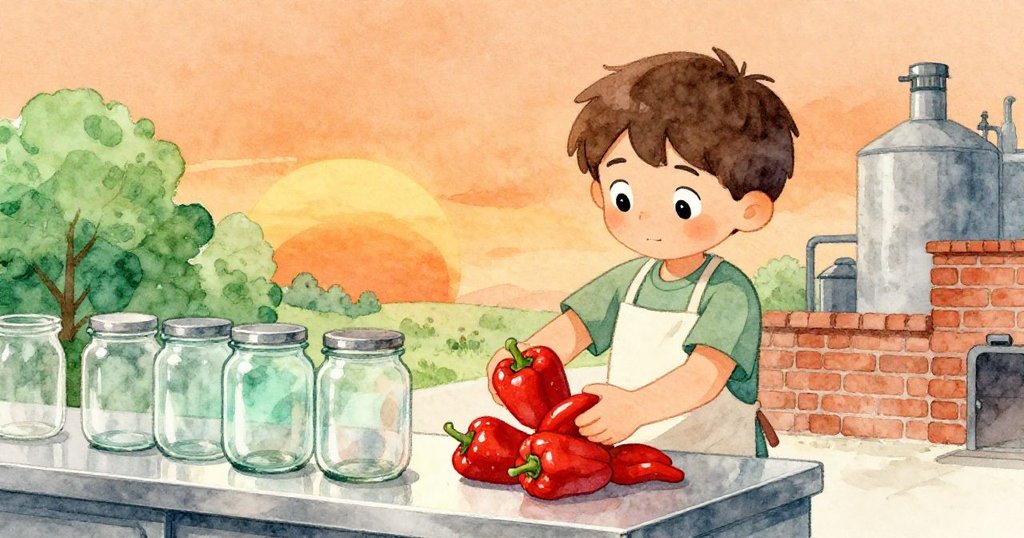 Leo正將鮮紅辣椒從市場卸下，與透明玻璃罐互動，神情專注展現熱情與細膩工藝。