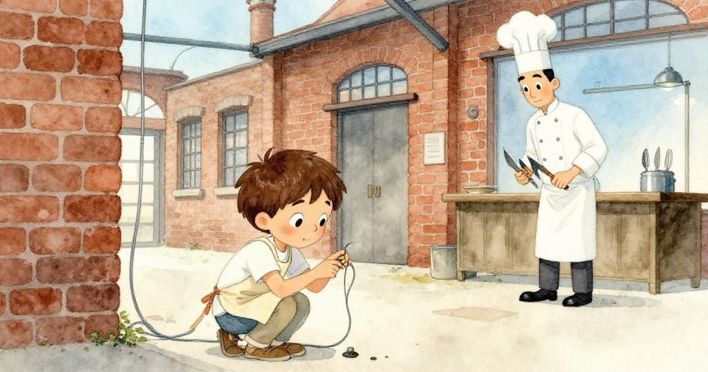 Leo蹲下追查鬆動電線，背景中訪客廚師整理刀具，場景層次分明展示挑戰與專注。