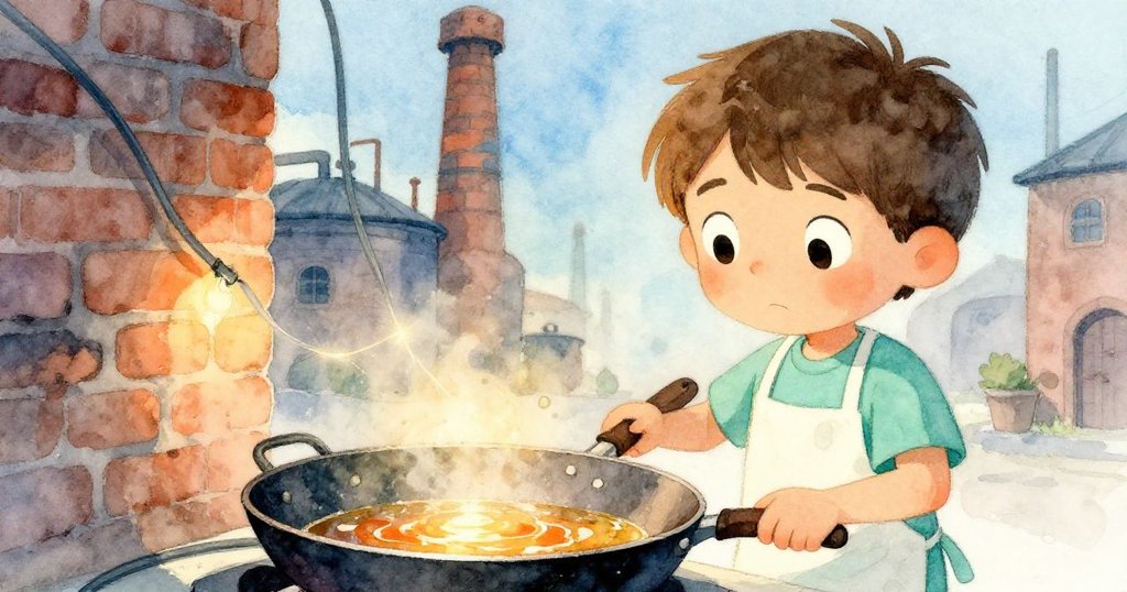 Leo輕推電纜後，熱盤下微光閃爍油面反射，場景超現實展現烹飪的神秘轉變。