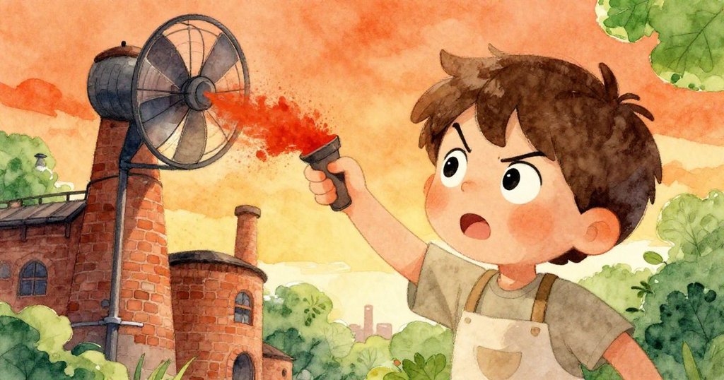 高處通風扇釋放紅色香料，Leo驚覺並迅速做出決策，臉上流露出決心與敏捷神情。