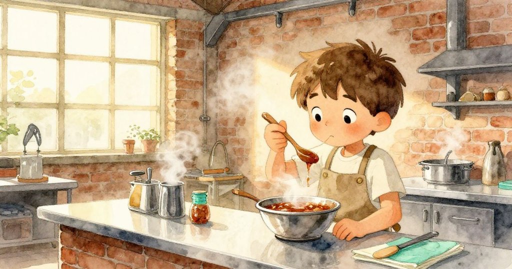 在溫暖光線下，Leo滿意品嘗濃醇醬汁，工廠角落展現寧靜與溫馨結局，充滿收獲感。