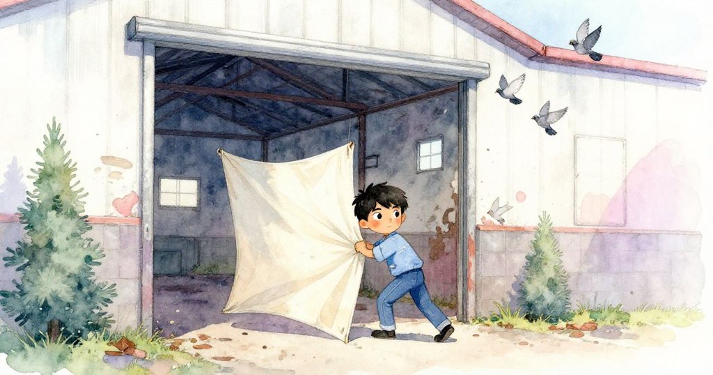 路易斯推動褪色帆布進入廢棄倉庫，窗外金光透入，地上散落老物品與鳥群飛舞，展現探索開始之堅定與期待