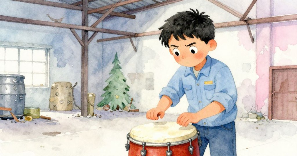 路易斯仔細檢查倉庫內紅錆鼓，堅定用手按壓，光影突顯物體細節，呈現關鍵工具探索之瞬間