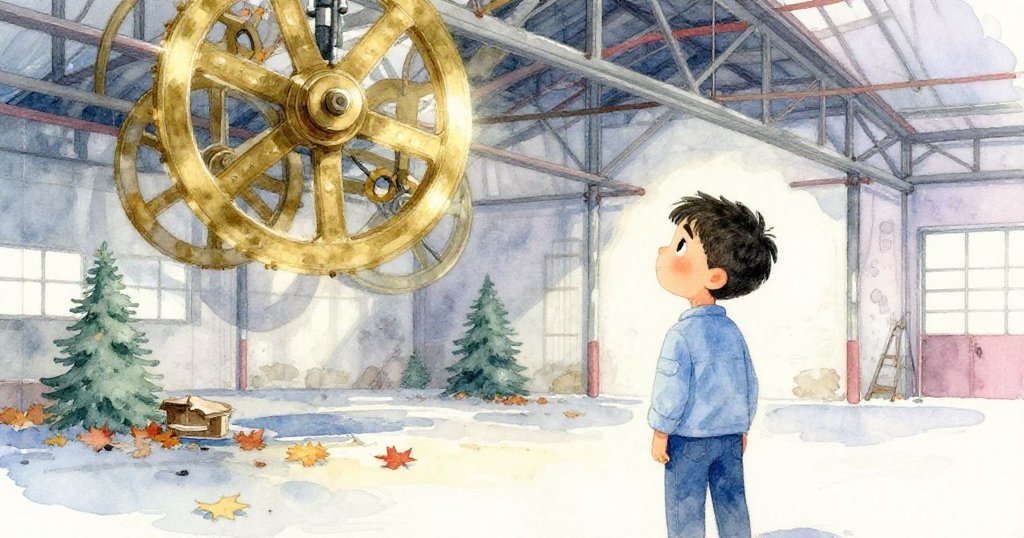 路易斯驚喜注視著空中旋轉的銅時鐘輪，破窗透出秋日柔光，舊倉庫中散發新生希望與可能
