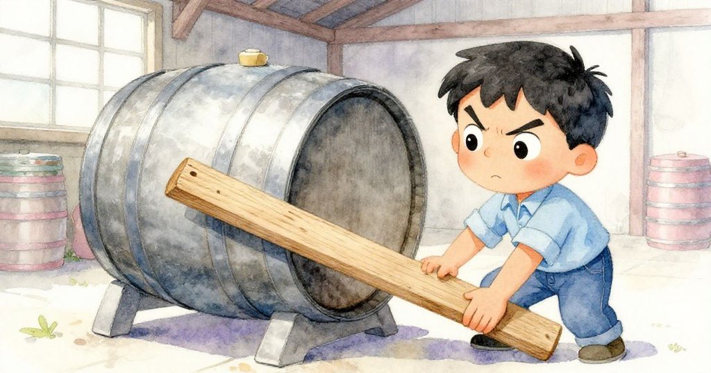 路易斯緊鎖眉頭用木板撬動頑固桶身，眼神堅毅，展現內心掙扎與決心，細節感人至深