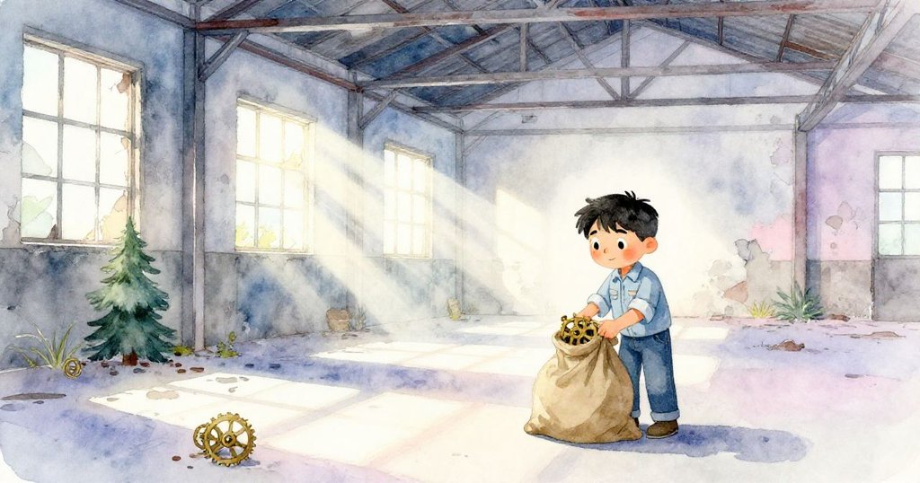 路易斯在寧靜廢倉中收集銅時鐘輪，步向出口，陽光灑落塵埃中展現結局平和與新生希望