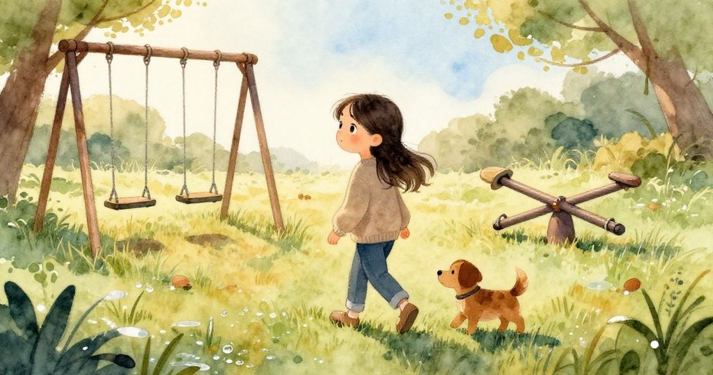 Maya踏在濕潤草地上，手持工具箱走向荒涼遊樂場，Roco緊跟旁邊，背景呈現斑駁秋意與晨光。