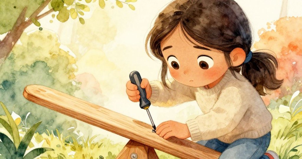 Maya專注修理舊跷跷板，注視著螺絲與工具，眼中閃爍著堅定光芒，細膩刻畫修復情景。