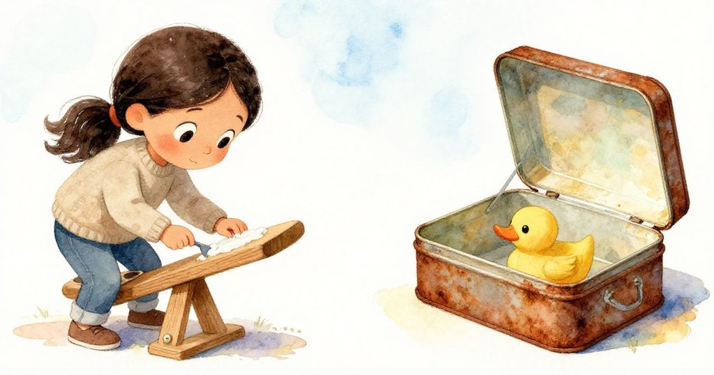 Maya一邊用銼刀和膠水修補跷跷板，另一邊發現銹蝕鐵盒露出小黃鴨，畫面左右分割展現轉折瞬間。