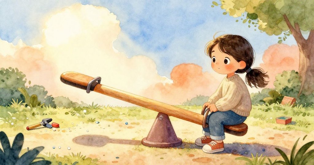 在雲隙透下暖光中，跷跷板與工具靜臥於遊樂場上，膠水凝固見證時間流轉與修復完成。