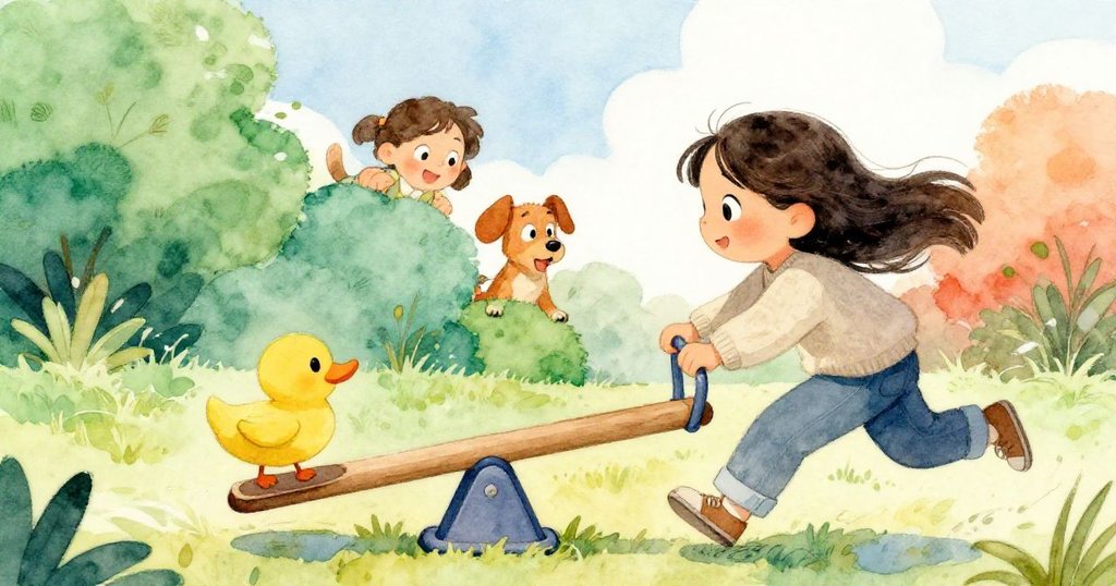 Roco快樂追逐滾動的小黃鴨，Maya在背景微笑注視，跷跷板上洋溢著活力與童趣的溫暖畫面。