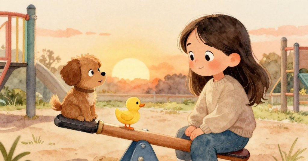 Maya溫柔注視重修跷跷板，Roco與黃鴨靜坐相依，夕陽柔光映襯下呈現寧靜告別情景。