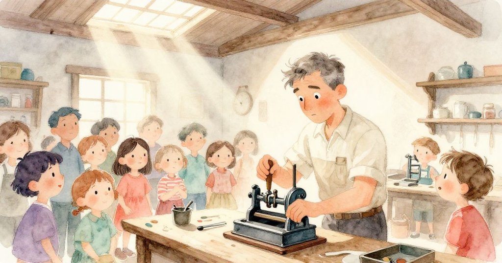 Elias 積極於古舊工作坊中檢查壓印機，背景有期待訪客，陽光透過天窗灑下，展現溫暖與希望。