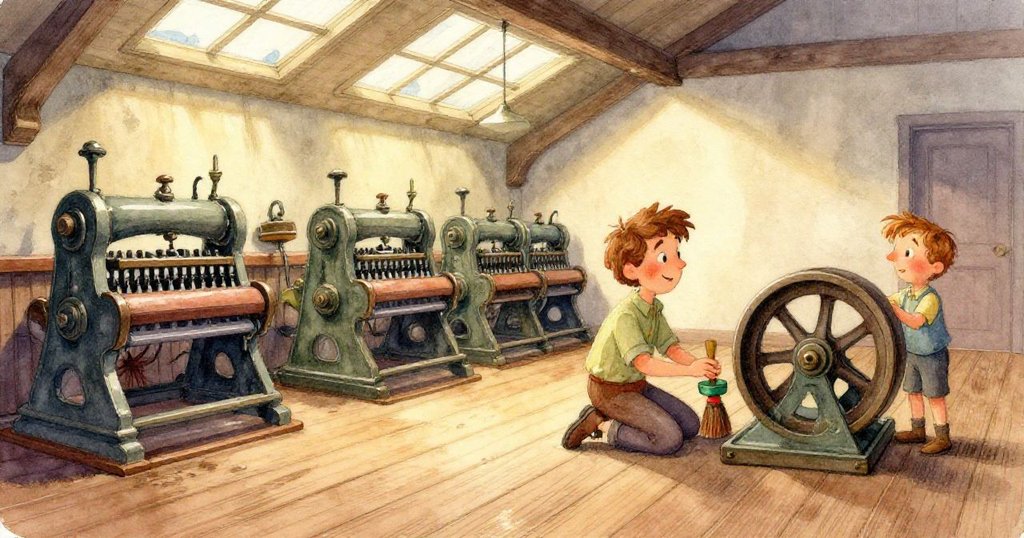 Elias 的手聚焦於老化皮帶與色彩鮮豔玻璃彈珠，工具細節豐富，展現修復準備中細膩對比與專注心情。