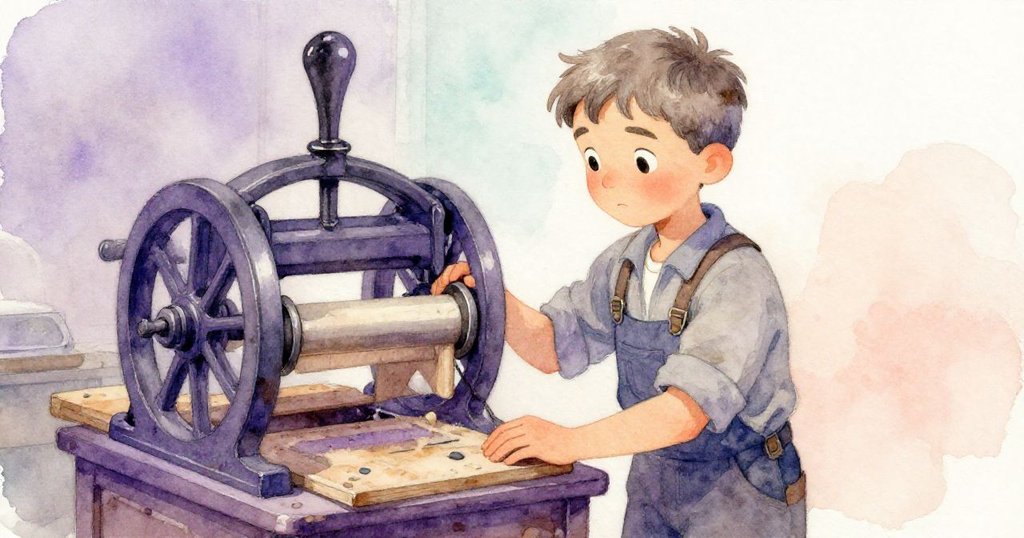 Elias 靜坐回憶過往榮光，機器昔日輝煌與現代修復交織，畫面融入紫羅蘭懷舊色調，展現深情思緒。