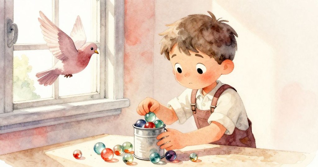 Elias 輕柔收集閃亮彈珠放入錫杯，鴿子在近旁翩然飛起，展現驚喜與溫馨發現的瞬間。