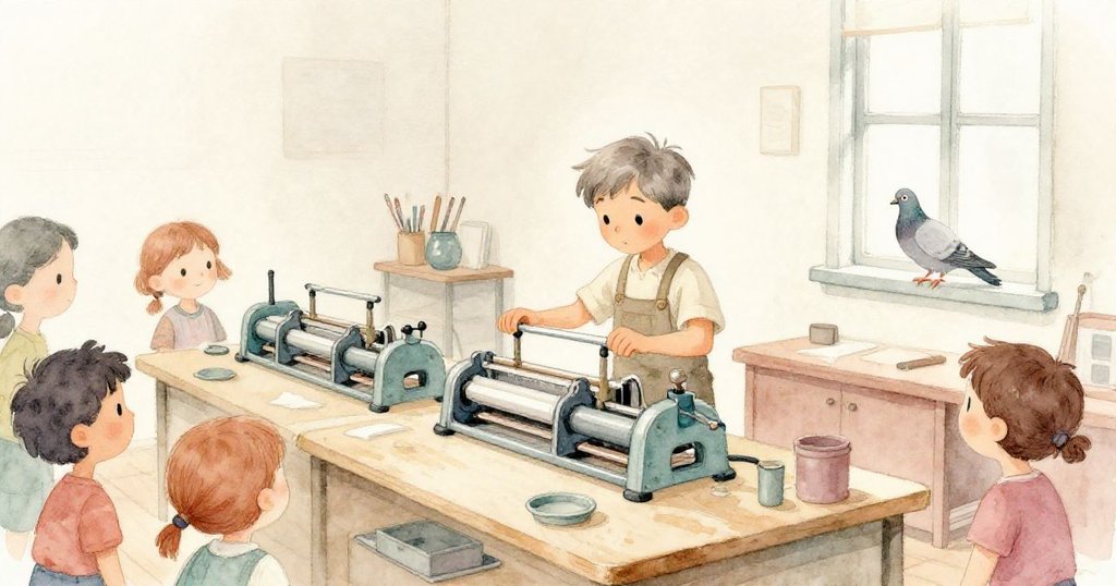 Elias 重啟壓印機，工作坊中機器有序運轉，觀眾滿臉欣喜，鴿子安靜棲窗邊，展現圓滿修復與成就感。