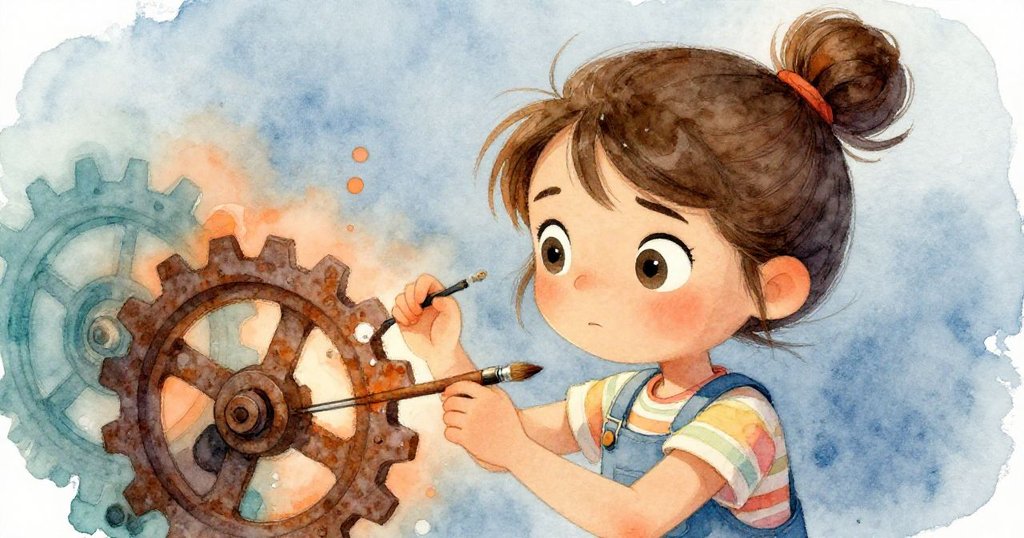 米拉專注凝視生鏽齒輪，手持刷柄輕輕敲打，表情堅定充滿探索精神。