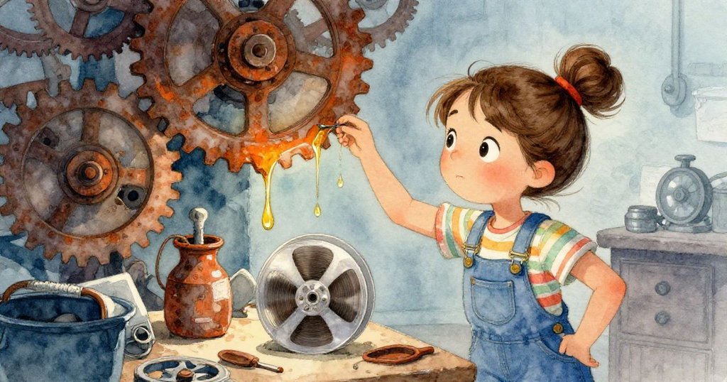 米拉在多層次背景中操作生鏽齒輪，滴油後發現閃銀薄膠卷，畫面充滿精緻機械細節。