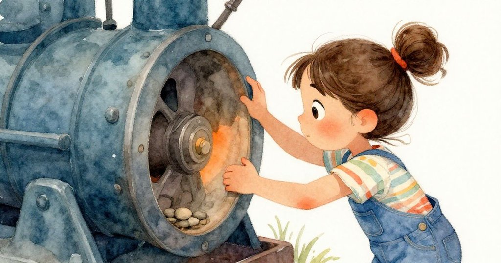 米拉傾斜機器基座，震動中隱藏空間內的石子脫落，畫面流露驚喜與探索之感。