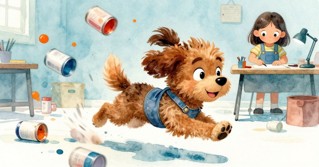 布魯諾快步奔入工作室，尾巴掃過顏料罐飛舞，場面活潑充滿追逐與嬉戲動感。