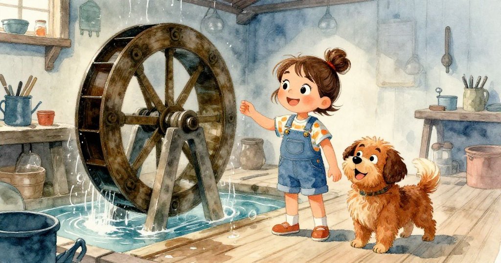 米拉與布魯諾歡聚一堂，水輪終於轉動，水滴點擊地板，呈現溫馨團圓與成功喜悅。