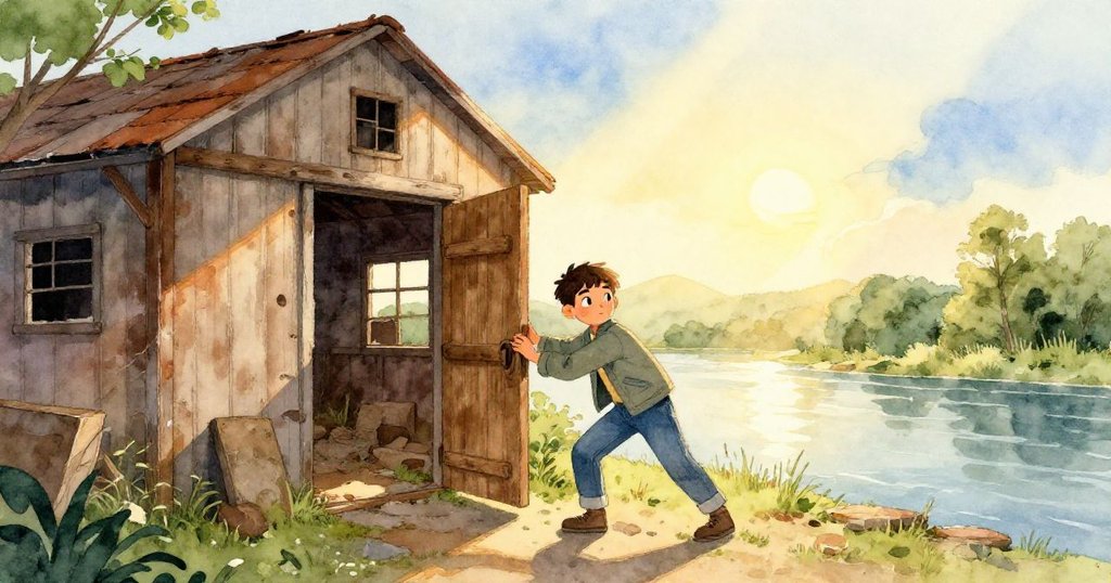 喬爾推開窄門進入河邊舊倉庫，晨光灑落，環境古舊充滿期待與冒險情懷。