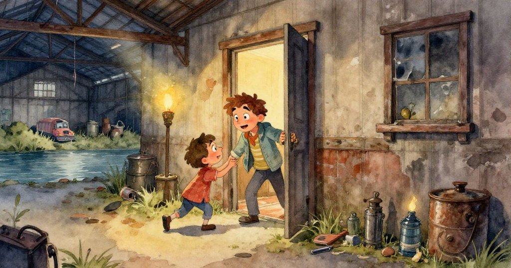 喬爾用力握住破舊木箱與掃把桿，他的雙手展現出努力與決心，正準備清除障礙。