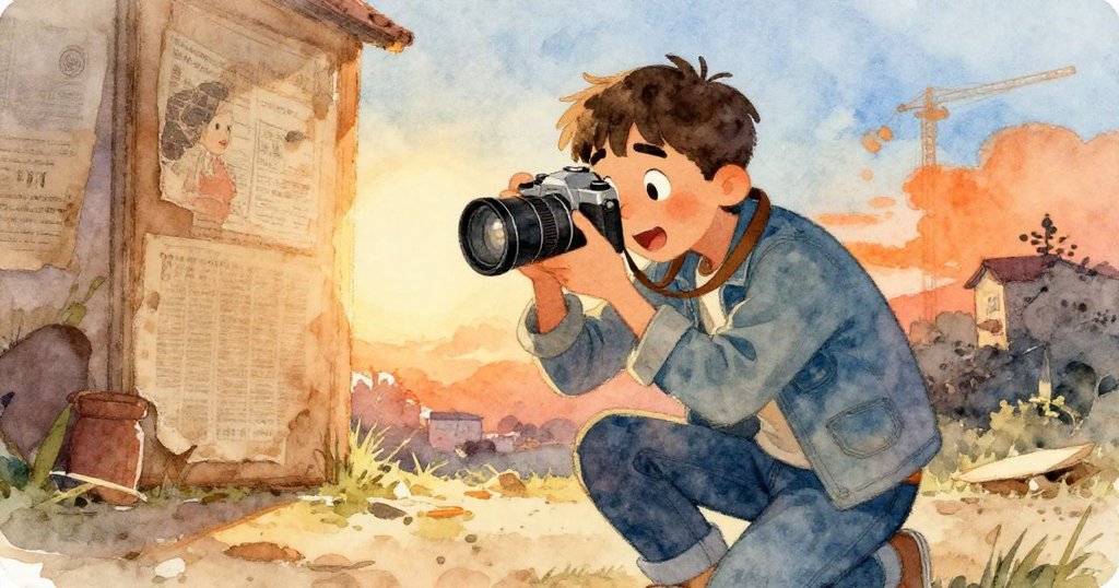 喬爾蹲下準備拍攝，從背後可見他興奮眼神與牆上褪色創新海報，充滿好奇與期待。