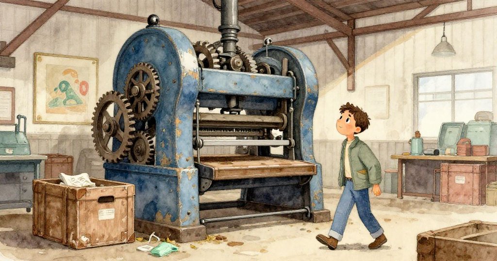 喬爾走進舊機房，發現巨型沖壓機隱藏於彎曲木箱與褪色海報之後，齒輪開始輕轉，場面緊張。