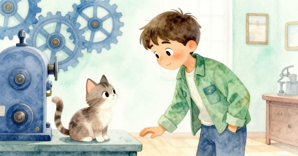 喬爾低頭微笑記錄時，一隻好奇貓咪輕蹭他的腿，藍色齒輪運動中呈現溫馨互動。