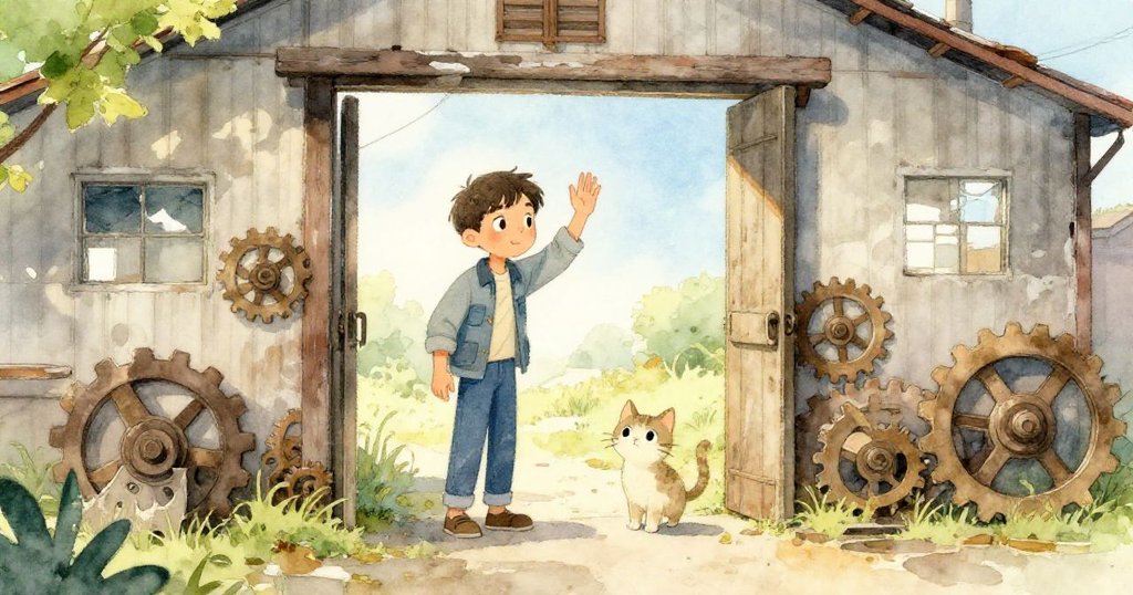 喬爾滿懷微笑揮手告別倉庫與好奇貓咪，晨光中他離開，靜止齒輪彷彿在回應他的探險。