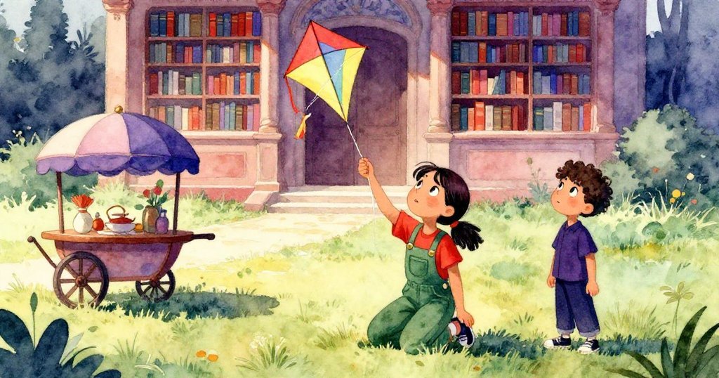 圖中Maya蹲在圖書館後的草地上操作風箏,Leo仰望晴空,茶車與圖書館映襯溫暖午後風景。