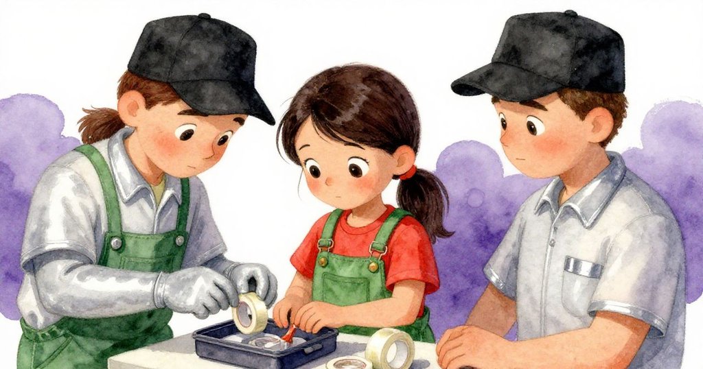 圖中Technician打開修理箱露出窄膠帶,Maya聚精會神觀看,現場充滿期待與細膩戶外情景。